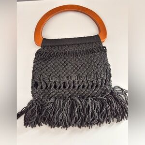 Danielle Nicole Black Knit Dark Wood Handle Tassled Purse Bag